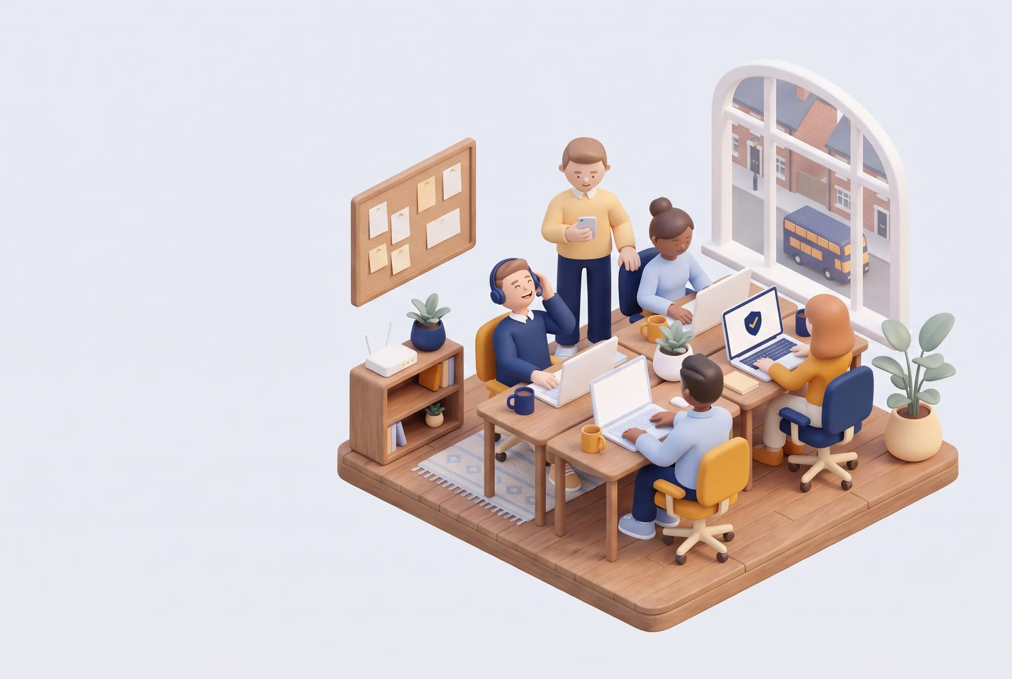 A small office team at work: one person on a headset call, one reading a phone, others at laptops, one showing a security shield